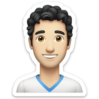 Man, wavy black hair, bright blue eyes, white skin, caucasian, smiling, happy sticker