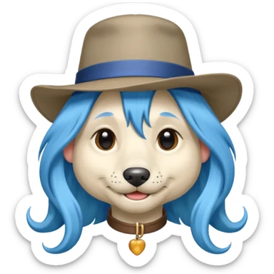fancy dog with long blue hair, wearing hat sticker