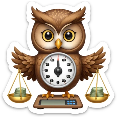 cute female mascot owl holding money scale with two sides sticker