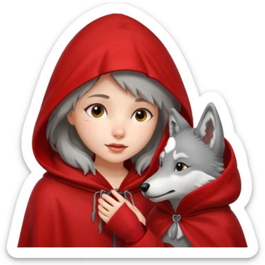 Niña del cuento de caperucita roja acariciando la cabeza de un lobo macho sticker
