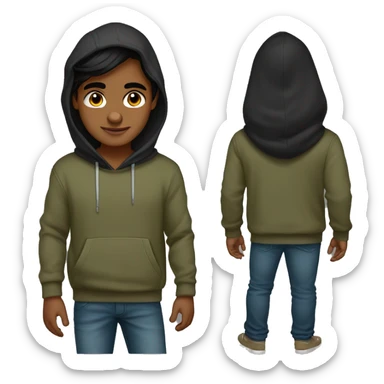 India boy middle parting black long hair dark hazel eyes hoodie with hood down olive skin sticker