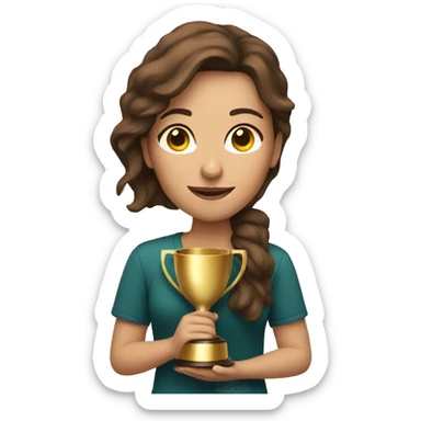 brown haired woman holding a trophy sticker