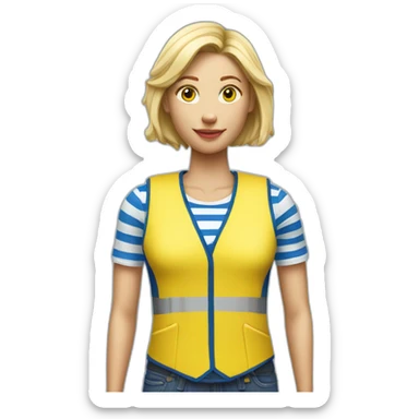Ikea coworker blond woman blue stripes t-shirt and yellow security vest sticker