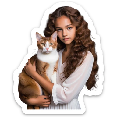 beautiful girl with curly long brown hair in a white dress cuddling an Abyssinian cat with reddish-brown fur sticker