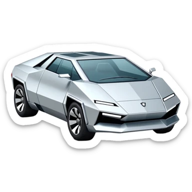 A futuristic chrome car emoji, sharp geometric body design inspired by cybertruck aesthetics, smooth silver metallic surface, matte and glossy chrome mix, minimal details, soft reflections, clean edges, iOS emoji style, centered, clean white background, soft studio lighting, no text sticker