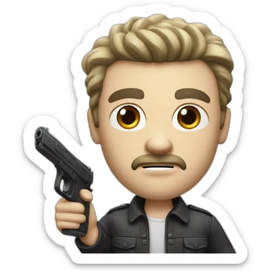 angry white man with split black hair and tiny black mustache pointing realistic toy gun a sticker