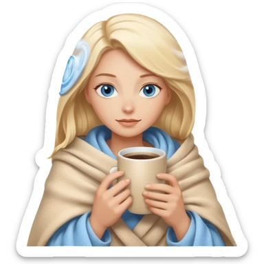 Blonde with blue eyes wrapped up in a cozy blanket with a hot coffee sticker