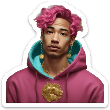 Vintage painting swirls gold jewellery baroque raven wings angel tropical Deep pink maroon burgundy cyan dark hoodie man vitiligo dyed hair gold piercings nose piercing ear piercings sticker