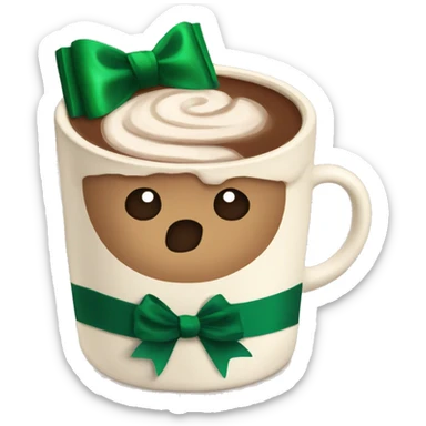 A beige cup of hot chocolate with a deep green bow around the cut  sticker