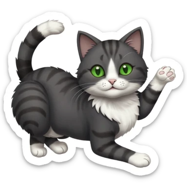 solid dark grey cat with green eyes, white toes/paws and white patch on her chest playfully rolling upside down sticker