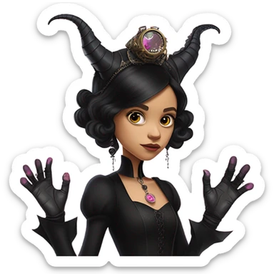 standing flirty Lavish black evening gown with see-through gloves, Jenna Ortega as Addams woman wearing a steampunk mini tiara, very large blood moon pink evil-looking horned old dragon sticker
