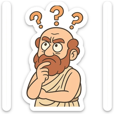 a cartoon philosopher, exaggerated thinking pose, big head, question marks, bright colors sticker