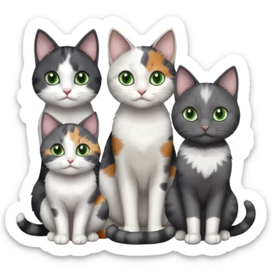 3 different coloured small cats including a dark grey and white, and a patchy calico and a completely solid dark grey with green eyes and only white paws sticker