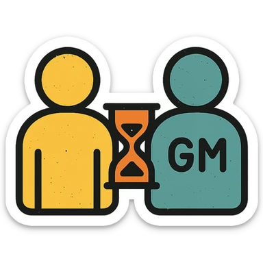 ultra-minimalist icon of two simple figures side by side representing player and GM, with a small clock or hourglass, worn and distressed style sticker
