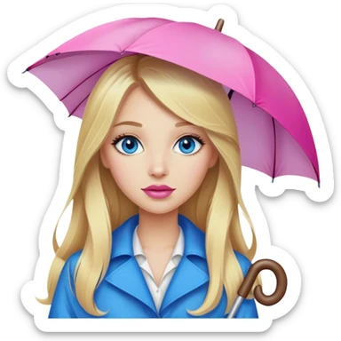 A beautiful blonde girl with long hair, blue eyes, pink lips, walks under an umbrella sticker