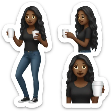 Black female with long hair talking on cellphone and holding a coffee wearing black shirt and jeans full length  sticker