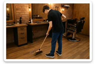 sartaroshxonani tozalayotgan o'smirin bola juda  yosh ham emas katta ham supir sudir qilaytgani narsalarni tozalayotgani yuzi ko'rinmasin
 sticker