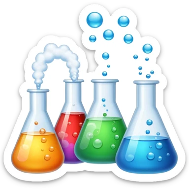An icon featuring laboratory flasks with tubes, symbolizing chemistry. The design includes liquid and powder substances, a chemical reaction with bubbles, and molecular formulas, representing chemical processes like hydrolysis. Transparent background sticker