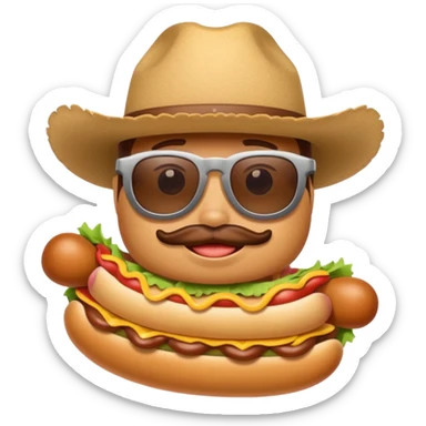 A hotdog with sunglasses and a cowboy hat sticker