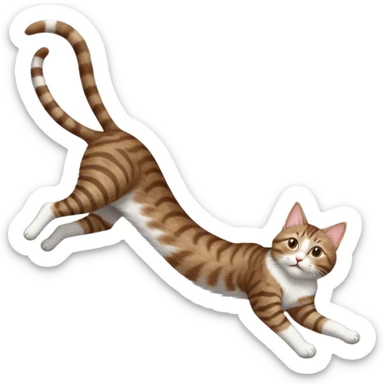 brown tabby and white cat with doing a big extremely long stretch reaching up into the air with arms and legs side by side together straight and overextended whilst lying on its side sticker