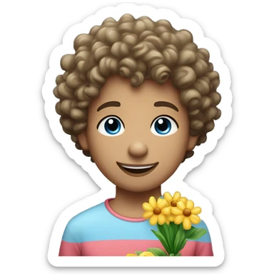 A curly haired short haired youngster with big lips and straight nose and blue eyes. He is holding a bouqet of flowers and smiling sticker