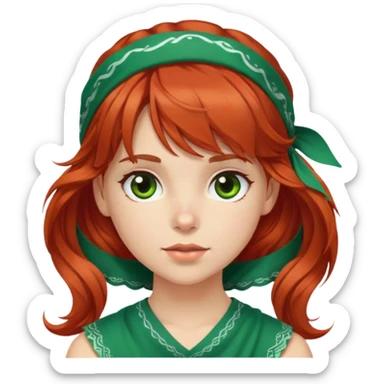 White red-haired girl with wavy hair, brown eyes, bangs, and a green bandana on her head and brown eyes sticker