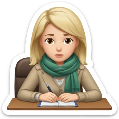 Person sitting at desk, looking tired, winter outside, woman  sticker