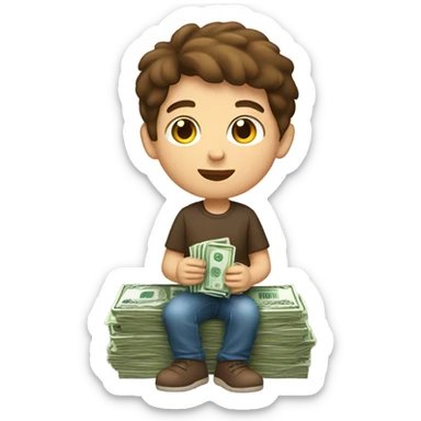 brown haired boy indoors money sticker