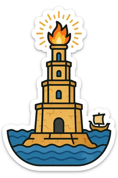 A three-tiered ancient tower with a squared base, octagonal middle, and cylindrical top. The tower has a stone texture with slight cracks and wear. Each level features small windows or arches. At the top, there is a glowing fire or torch with gold/yellow and orange rays, and tiny sparkles (✨) for a shining effect. The base of the tower is surrounded by blue waves lapping at it, and a tiny Greek/Roman ship (⛵) can be seen in the distance. The color palette consists of sandstone (beige/tan) for the tower, turquoise/blue for the sea, and warm gold for the fire. The style should be a simple, clean icon with clear lines and minimal details, focusing on the structure and key elements. sticker