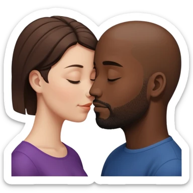 a white woman with short brown hair and a black man with no hair and a beard are facing one each other and their forehead are touching. They close their eyes and their are in love. The space between their nose is a bit larger sticker