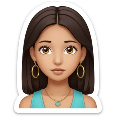 girl with brown asian eyes, long eyelashes, layerd mid length hair dark brown, tanned skin hoop earrings middle parting hair  sticker