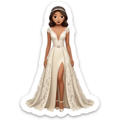 A modern lace wedding gown with a deep plunging neckline, cap sleeves, and a flowing skirt featuring two high front slits for a bold and romantic look.
 sticker