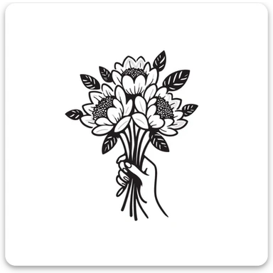 a bouquet of peonies with lush petals and leaves, held in a hand, in pastel colors dd9fb0 ffc6d3 a3bfc9 c4bee2 f1b091 sticker