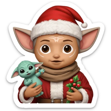 mandalorian holding grogu wearing santa hat sticker