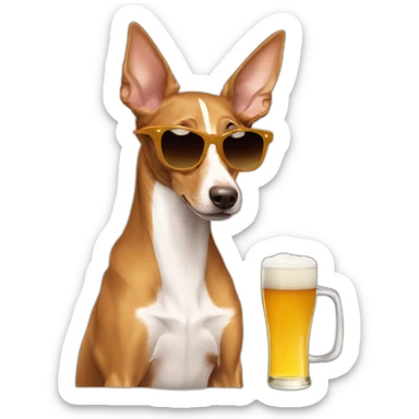 brown podenco with sunglasses taking a beer sticker