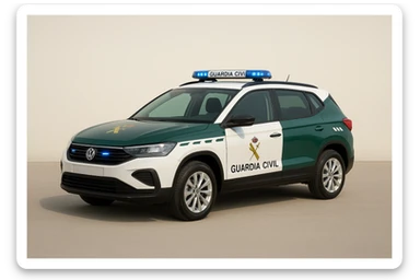 Guardia Civil patrol car, green and white, Spanish police markings, lights on top, simple background sticker