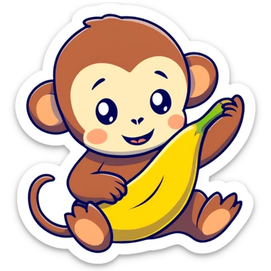 adorable baby monkey carefully peeling a banana sticker
