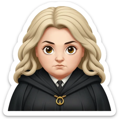 Alecto Carrow in harry potter, a woman fat, knot tied hair, look evil, black cloak sticker
