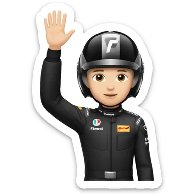 A red-bull f1 driver wearing the f1 black suit and helmet raising his hand as he celebrate sticker