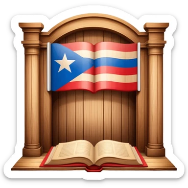 Timeless book icon with Puerto Rican flag design, wooden theater stage symbol, warm parchment and wood textures, gentle luminous aura, representing the history of Puerto Rican scenic design legacy sticker