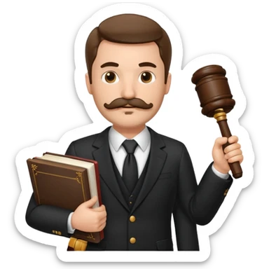 Create a male lawyer. he is wearing a fromal suit jckeret. He is holding a gavel in one hand and a book tucked under his another arm. He has a mustache and BEARD both! sticker