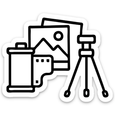 Film canister, photo prints, and tripod for analog photography sticker