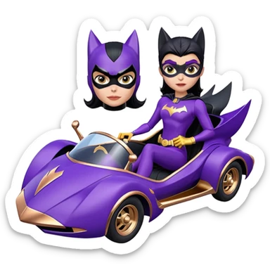  Whoville proportionally correct, real-appearance racing adult BatGirl’s feminine midnight-purple tight outfit sixty’s tv show 2032 stealth retro cat burglar sporty petite off-road pursuit floating black hover car with rose gold accents (black hair,reclined and relaxed seating position and attitude) sticker