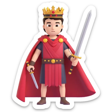 muscular young man with dark hair wearing a laurel crown and a red and black toga, holding a sword, confident expression, 3D emoji style sticker