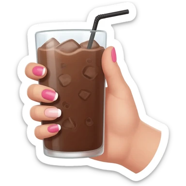 chocolat froid dans un grand verre avec une paille tenue par le bout d'une jolie main de femme avec une belle manucure Style Pinterest réaliste Avec une bordure b blanche sticker