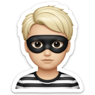 Realistic ios emoji-style portrait of a classic burglar, a black eye mask and a black-and-white striped shirt. Highly detailed, natural skin texture, soft cinematic lighting, realistic shadows, smooth gradients, clean outline, glossy reflections in the eyes. emoji-like hair sticker