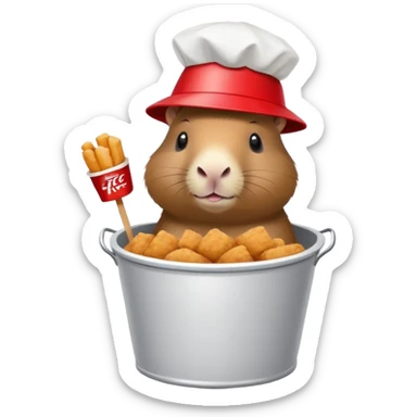Capybara wearing a tiny KFC bucket as a hat on its head sticker