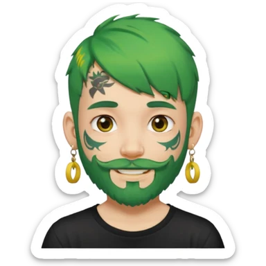 boy with bangs and green hair and yellow small hairtie on side and earrings and very heavy face tattoos and beard sticker