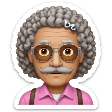old guy with very curly hair and brown shades and big  pink mustache sticker