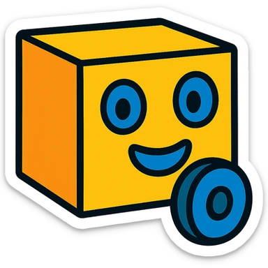 yellow cube with blue eyes, blue mouth, and blue wheel matching the eyes, vibrant cartoon style sticker